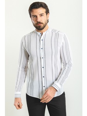 Çizgili Beyaz Renk Slim Fit Hakim Yaka Uzun Kollu Erkek Gömlek
