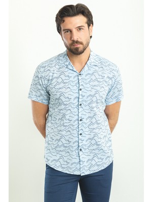 Desenli Mavi Rengi Slim Fit Apaç Yaka Kısa Kollu Erkek Gömlek