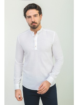 Desenli Beyaz Renk Slim Fit Hakim Yaka Uzun Kollu Erkek Gömlek