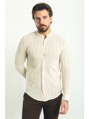 Çizgi Desenli Ekru Rengi Slim Fit Hakim Yaka Uzun Kollu Erkek Gömlek