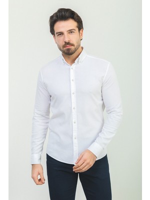 Düz Beyaz Renk Slim Fit Uzun Kollu Erkek Gömlek