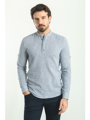 Desenli Lacivert Renk Slim Fit Hakim Yaka Uzun Kollu Erkek Gömlek