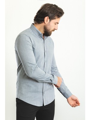 Düz Gri Renk Slim Fit Uzun Kollu Erkek Gömlek