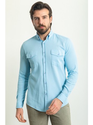 Desenli Mavi Renk Slim Fit Uzun Kollu Erkek Gömlek