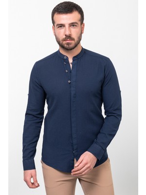 Desenli Lacivert Renk Slim Fit Hakim Yaka Uzun Kollu Keten Erkek Gömlek