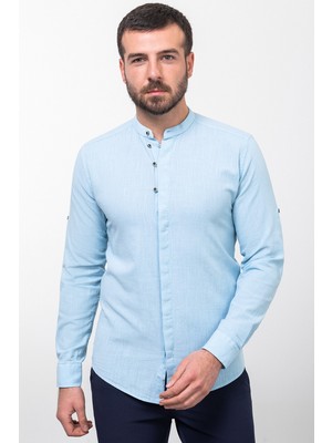 Desenli Mavi Renk Slim Fit Hakim Yaka Uzun Kollu Keten Erkek Gömlek