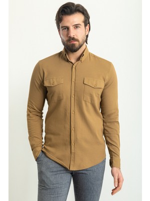 Desenli Bej Rengi Slim Fit Uzun Kollu Erkek Gömlek
