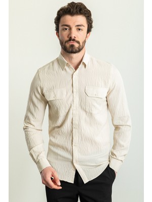 Desenli Taş Rengi Slim Fit Uzun Kollu Erkek Gömlek