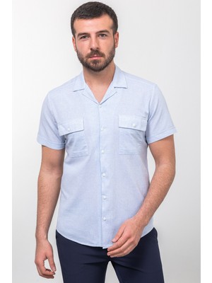 Kırçıllı Mavi Renk Slim Fit Apaç Yaka Kısa Kollu Erkek Gömlek