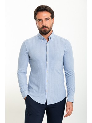 Çizgili Mavi Slim Fit Erkek Gömlek