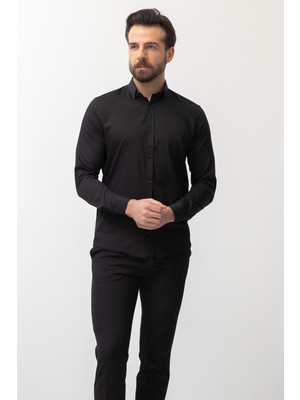 Desenli Siyah Renk Slim Fit Klasik Erkek Gömlek