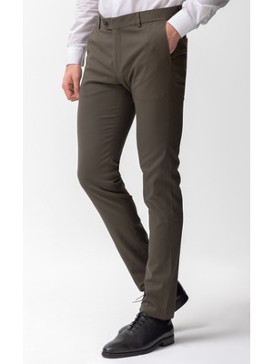 Dokulu Haki Rengi Super Slim Fit Erkek Pantolon