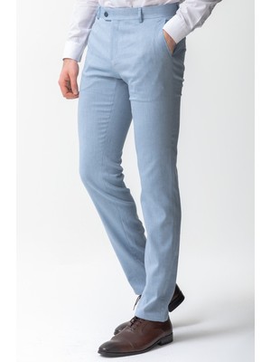 Desenli Mavi Renk Slim Fit Klasik Keten Erkek Pantolon