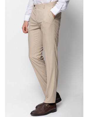 Ekoseli Bej Rengi Slim Fit Klasik Erkek Pantolon