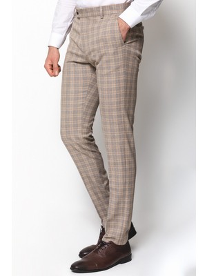 Ekoseli Bej Rengi Super Slim Fit Erkek Pantolon