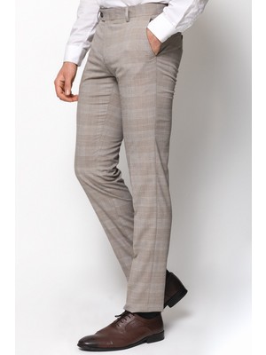 Ekoseli Bej Rengi Slim Fit Klasik Erkek Pantolon