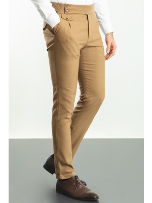 Pileli Bej Rengi Slim Fit Erkek Pantolon