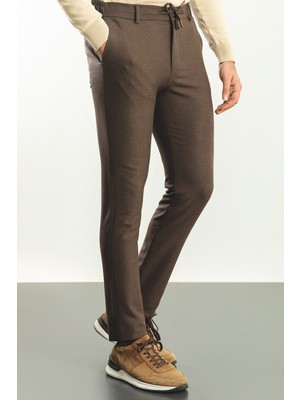Düz Kahverengi Super Slim Fit Beli Lastikli İpli Erkek Pantolon