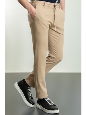 Düz Bej Rengi Super Slim Fit İpli Erkek Pantolon