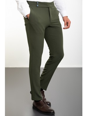 Düz Haki Super Slim Fit Kemerli Erkek Pantolon