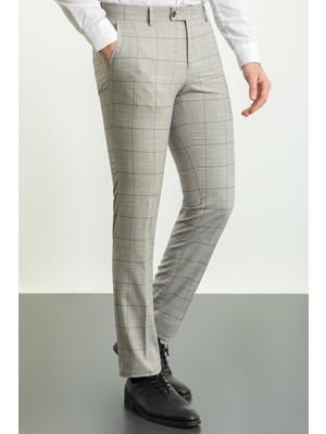 Ekoseli Taş Rengi Slim Fit Klasik Erkek Pantolon
