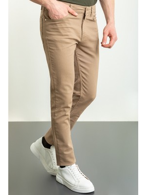 Düz Bej Rengi Super Slim Fit Kanvas Erkek Pantolon
