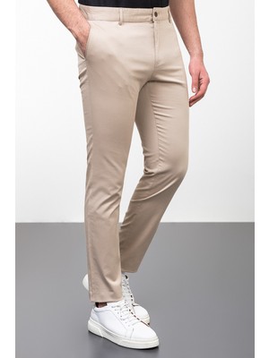 Düz Bej Rengi Super Slim Fit Erkek Pantolon