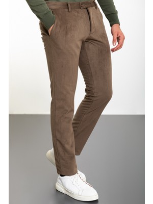 Çizgili Kamel Rengi Slim Fit Kadife Erkek Pantolon