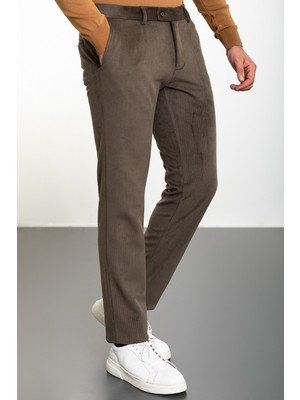 Çizgili Haki Slim Fit Kadife Erkek Pantolon