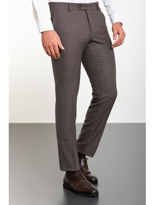 Kareli Bej Slim Fit Klasik Erkek Pantolon