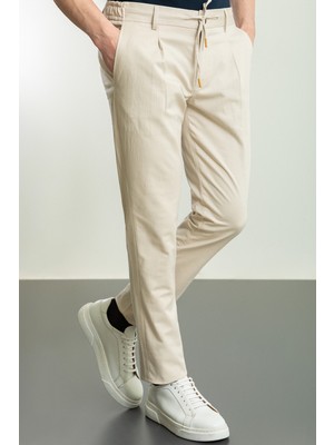 Çizgili Bej Rengi Super Slim Fit Pilili İpli Keten Erkek Pantolon