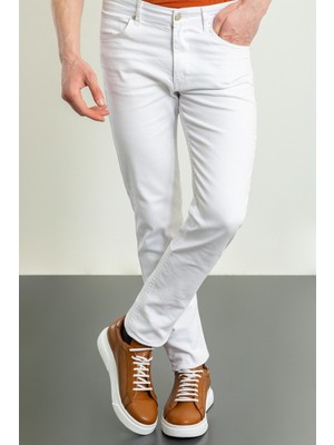 Düz Beyaz Renk Super Slim Fit Kanvas Erkek Pantolon