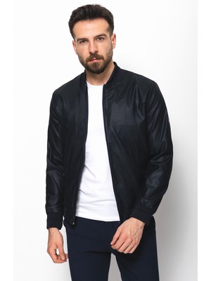 Desenli Lacivert Slim Fit Hakim Yaka Erkek Mont