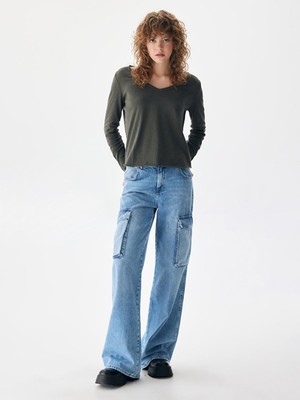 LTB Kadın  V Yaka Uzun Kollu Yeşil T-shırt