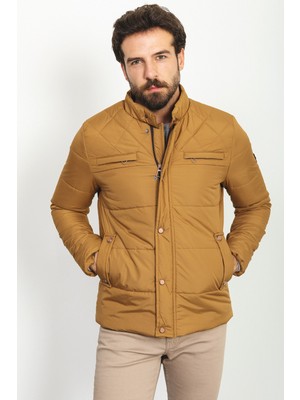 Desenli Kamel Rengi Slim Fit Hakim Yaka Kapitone Erkek Mont