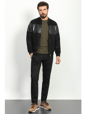 Parça Desenli Siyah Renk Slim Fit Pilot Yaka Erkek Mont