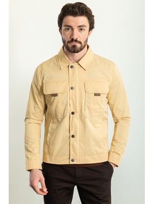 Desenli Açık Bej Rengi Slim Fit Gömlek Yaka Erkek Mont