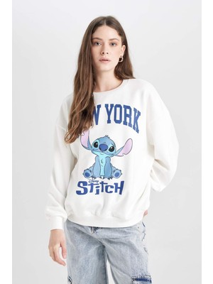 DeFacto Coool Disney Lilo & Stitch Oversize Geniş Kalıp Bisiklet Yaka Baskılı Kalın Sweatshirt D4812AX24WN