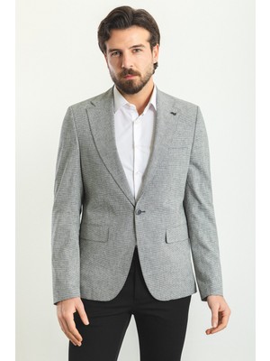 Kareli Lacivert Renk Slim Fit Mono Yaka Keten Erkek Ceket