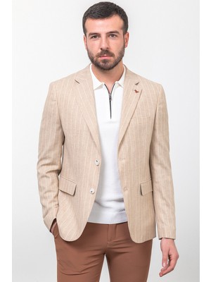 MCR Çizgili Bej Rengi Slim Fit Mono Yaka Keten Erkek Ceket