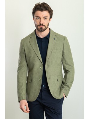 Desenli Haki Rengi Slim Fit Mono Yaka Keten Erkek Ceket