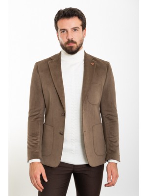 Çizgili Kamel Rengi Slim Fit Torba Cep Mono Yaka Kadife Erkek Ceket