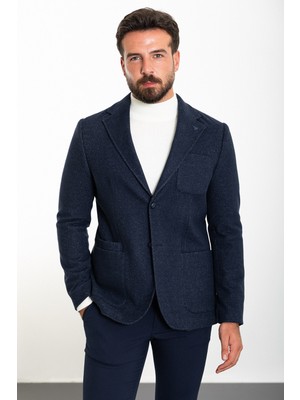 Çizgili Lacivert Slim Fit Mono Yaka Torba Cep Yün Erkek Ceket