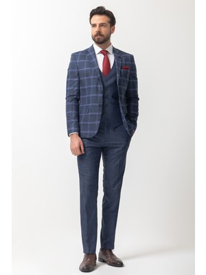 MCR Indigo Ekoseli Yelekli Takım