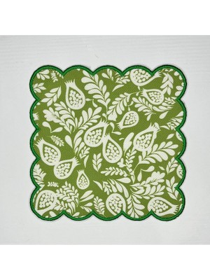 Deco Yeşil Nakışlı Nar Desenli Dijital Baskılı, Kenarı Nakışlı Dekoratif Kokteyl Peçeteleri