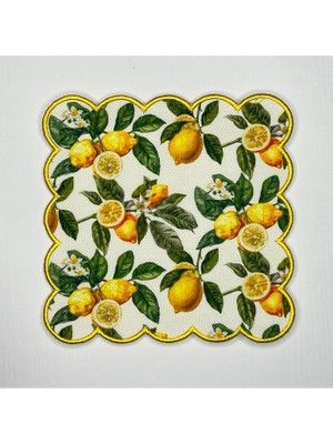 Deco Suluboya Limon Desenli Etrafı Nakışlı Yıkanabilir Kokteyl Peçetesi