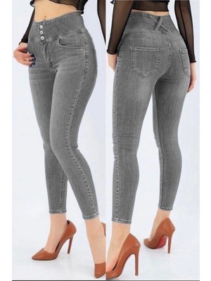 Pileli Store Yüksek Bel Likralı Jean Pantolon