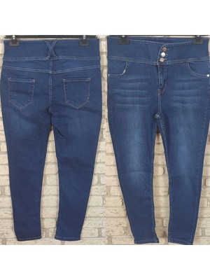 Pileli Store Yüksek Bel Likralı Jean Pantolon