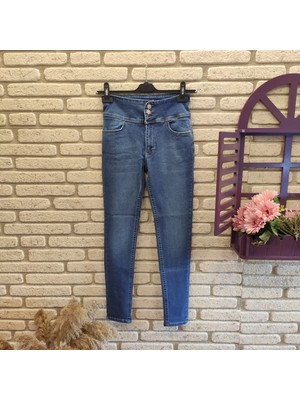 Pileli Store Yüksek Bel Likralı Jean Pantolon