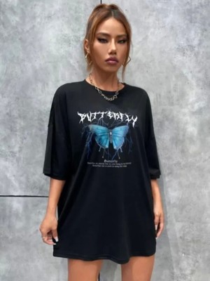 Pileli Store Unisex Baskılı Oversize T-Shirt - Siyah